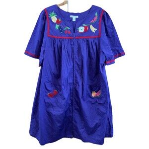 Go Softly Patio Dress Purple Embroidered Pockets 1X Fruit Muumuu Full Zip